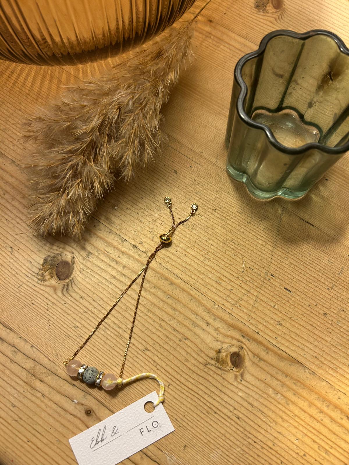 Aromatherapy Gemstone Bracelet - Gold bracelet with Rose Quartz and Grey Lava Bead