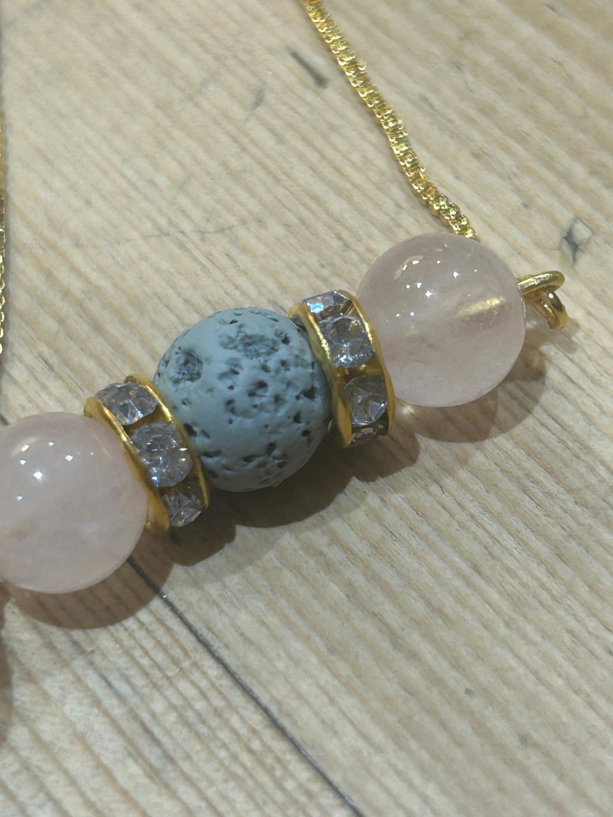 Aromatherapy Gemstone Bracelet - Gold bracelet with Rose Quartz and Grey Lava Bead - Image 2
